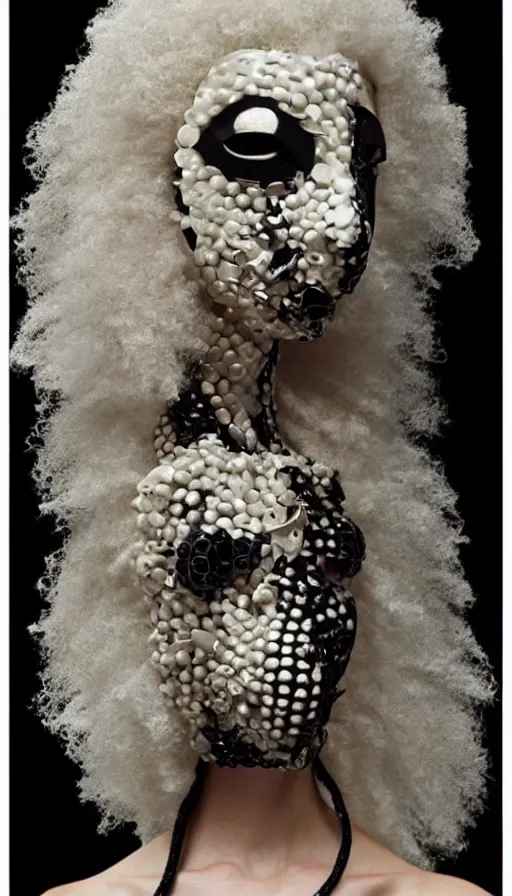 Image similar to a woman with a plastic mask on her face, a surrealist sculpture by alexander mcqueen, trending on pinterest, plasticien, biomorphic, made of plastic