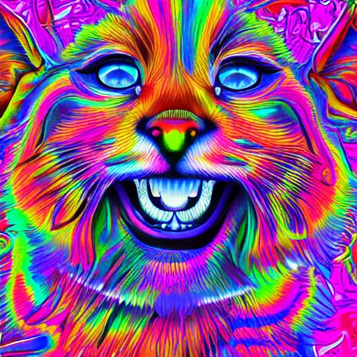 Prompt: photorealistic psychedelic cat smiling, very colorful in a maximalist style with a background that fades into black