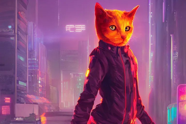 Image similar to cyberpunk ginger cat in the city, neon backlighting, digital art, trending on artstation, fanart, by kawacy