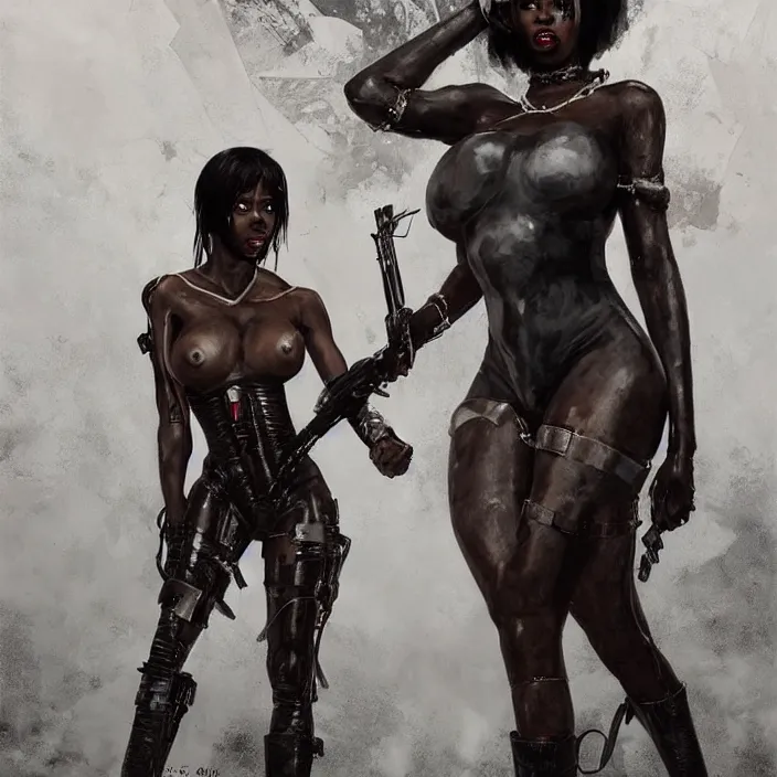 Image similar to african domme mistress, full body, powerful ebony skin, rubber and latex, postapocalyptic, smooth white surroundings, smooth, high tech, concept art, realistic painting, digital art by greg rutkowski, by junji ito