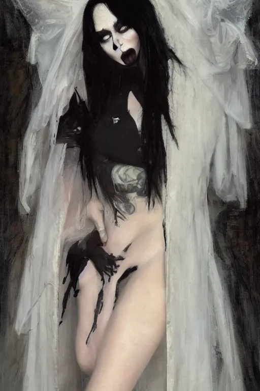 Image similar to Richard Schmid and Jeremy Lipking and Antonio Rotta full length portrait painting of a young beautiful goth punk rock vampire priestess Elvira Mistress of the Dark woman