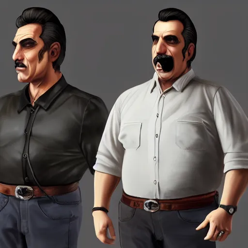 Prompt: a midage italian male, beardless, short black hair with gel, overweight, fine white shirt, leather belt, black pants, leather shoes, smoking a cigar, close up, gta v style, concept art, highly detailed, hyper realistic, unreal engine