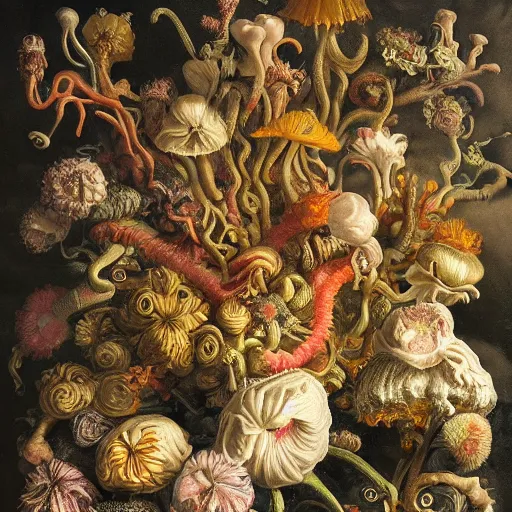 Image similar to disgusting disturbing dutch golden age bizarre mutant flower floral still life with many human toes very detailed fungus disturbing tendrils bizarre slimy forms sprouting up everywhere by rachel ruysch black background chiaroscuro dramatic lighting perfect composition high definition 8 k 1 0 8 0 p