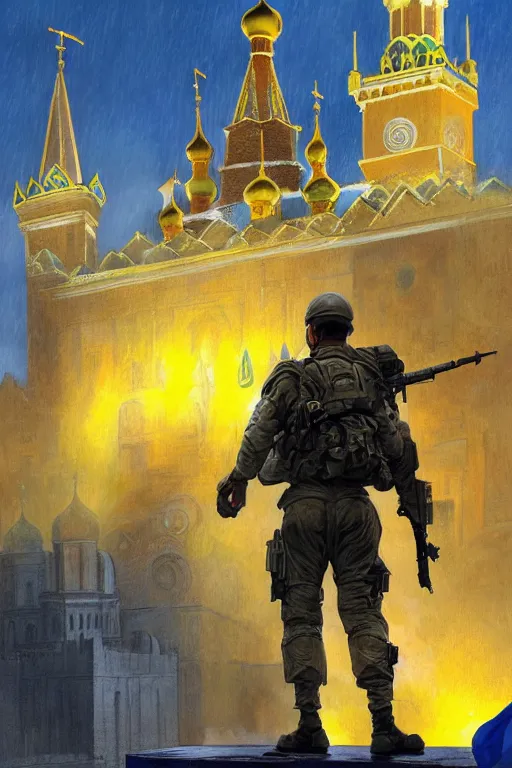 Image similar to special forces soldier installin ukrainian blue and yellow flag on red square kremlin, masculine figure, d & d, fantasy, bright atmosphere, volumetric lights, intricate, elegant, extremely detailed, digital painting, artstation, concept art, matte, smooth, sharp focus, hyper realistic, illustration, art by artgerm and greg rutkowski and alphonse mucha