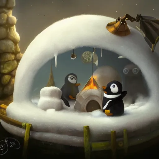 Image similar to Pingu the penguin in an Igloo, claymation, arctic, summer, 8k resolution matte fantasy painting, cinematic lighting, DeviantArt, Artstation, Jason Felix Steve Argyle Tyler Jacobson Peter Mohrbacher