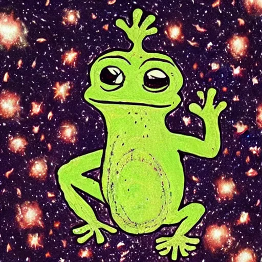 Image similar to cave painting of pepe the frog with star and galaxies