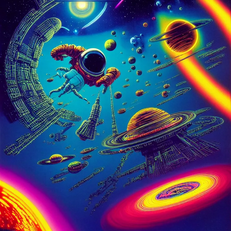 Prompt: astronaut hovering over infinite blackhole, quantum waves, synthwave, bright neon colors, highly detailed, cinematic, tim white, philippe druillet, roger dean, ernst haeckel, lisa frank, michael whelan, kubrick, kimura, isono