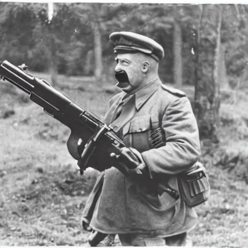 Image similar to old wartime photograph of homer simpson holding a lewis gun, 1 9 1 7