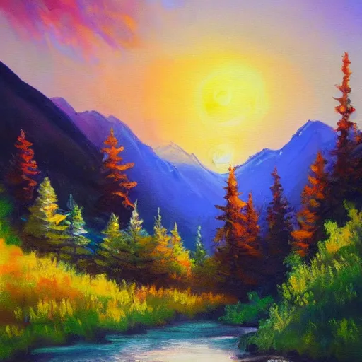 Prompt: beautiful mountain and trees, oil painting, concept art, sunrise,