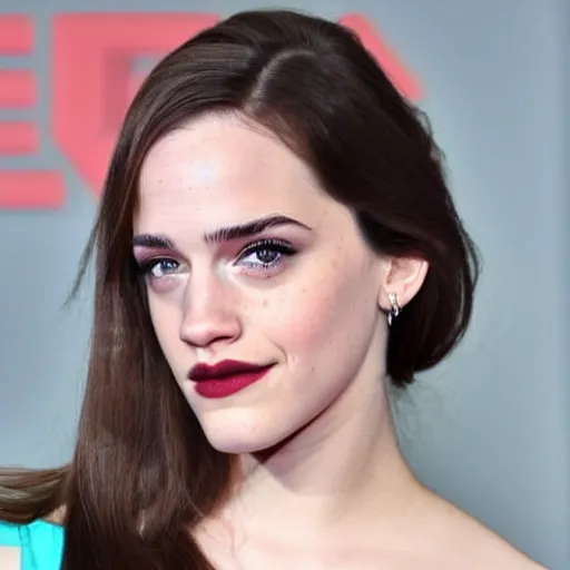 Image similar to a woman who is a genetic combination of kat dennings and emma watson face and upper - body focus