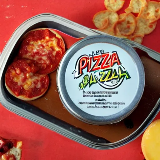 Prompt: pizza in a can