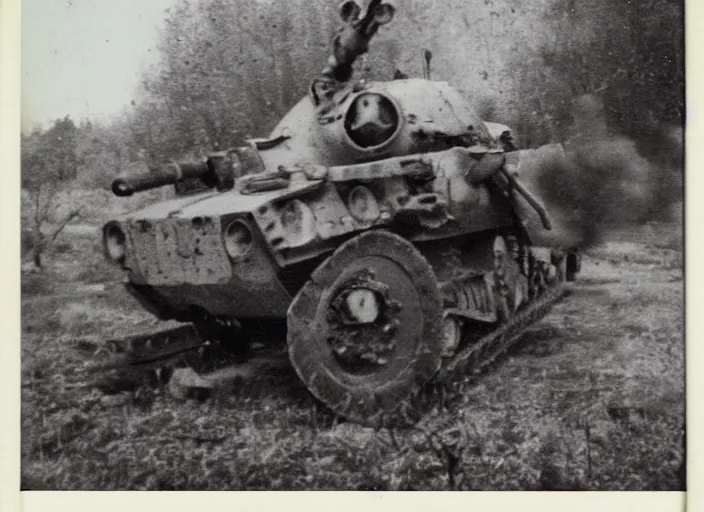 Prompt: found polaroid picture of a world war two 2 with a soviet mech war machine