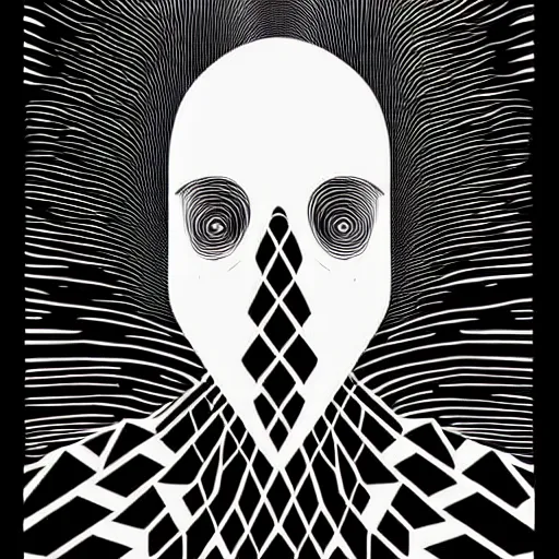 Prompt: white on black grainy effect conceptual figurative post - morden monumental abstract portrait made by escher and piranesi, highly conceptual figurative art, intricate detailed illustration, illustration sharp geometrical detail, vector sharp graphic, controversial poster art, polish poster art
