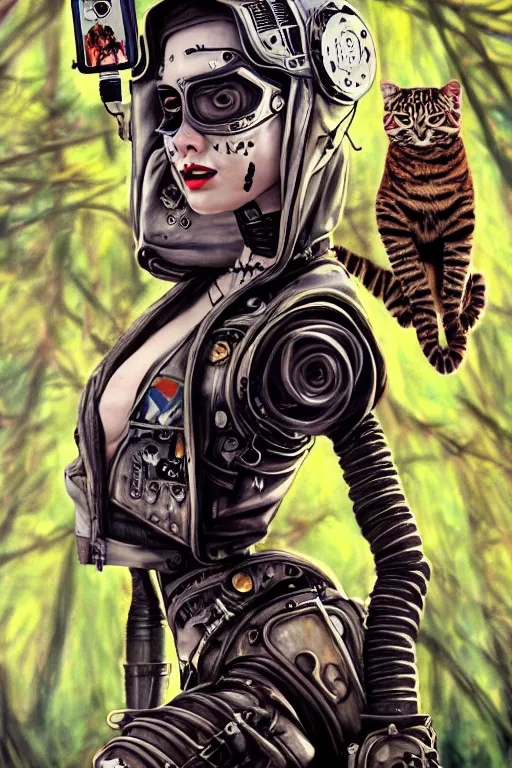 Prompt: punk rock robot girls making selfie in jungles with cats, mad max jacket, renaissance, cables on her body, hyper realistic style, oil painting, highly detailed, 4K, fantasy by Olga Fedorova