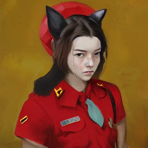 Image similar to oil paining of twentytwo year old female character with cat ears wearing soviet era uniform, wearing a tshirt with a face of karl marx on it, in the style of krenz cushart