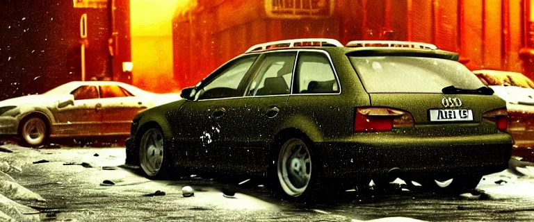 Prompt: Audi A4 B6 Avant (2002), a gritty neo-noir, dramatic lighting, cinematic, eerie person, death, homicide, homicide in the snow, viscera splattered, gunshots, bullet holes, establishing shot, extremely high detail, cracked windows, photorealistic, arson, burning car wreck, cinematic lighting, artstation, by simon stalenhag, Max Payne (PC) (2001) winter New York at night, In the style of Max Payne 1 graphic novel, flashing lights, Poets of the Fall - Late Goodbye