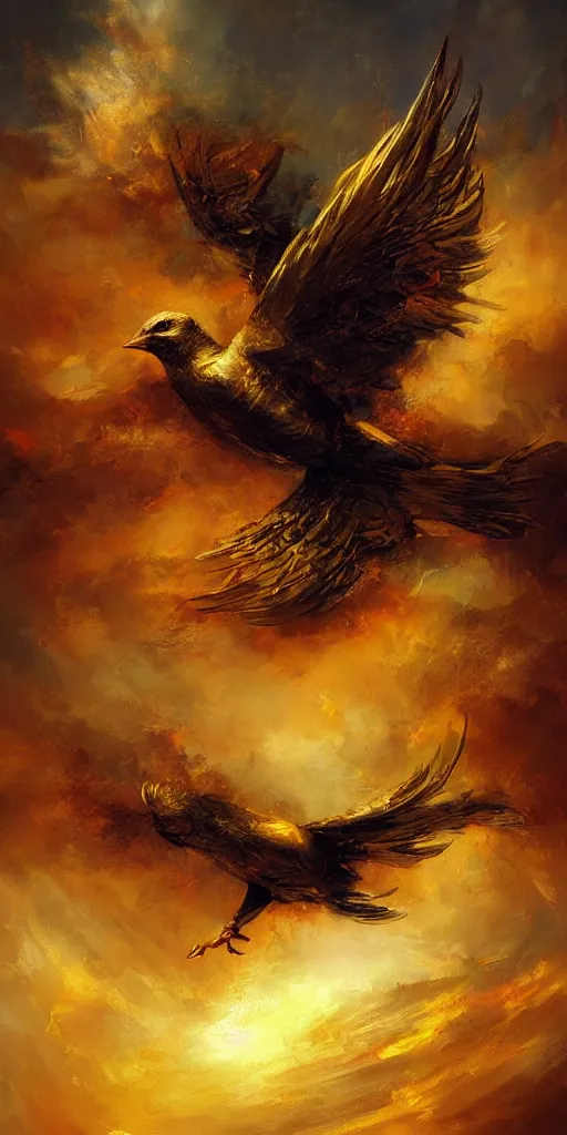 Prompt: a painting of a golden bird flying through the sky, poster art by raymond swanland, deviantart, fantasy art, christian, deviantart, mystical