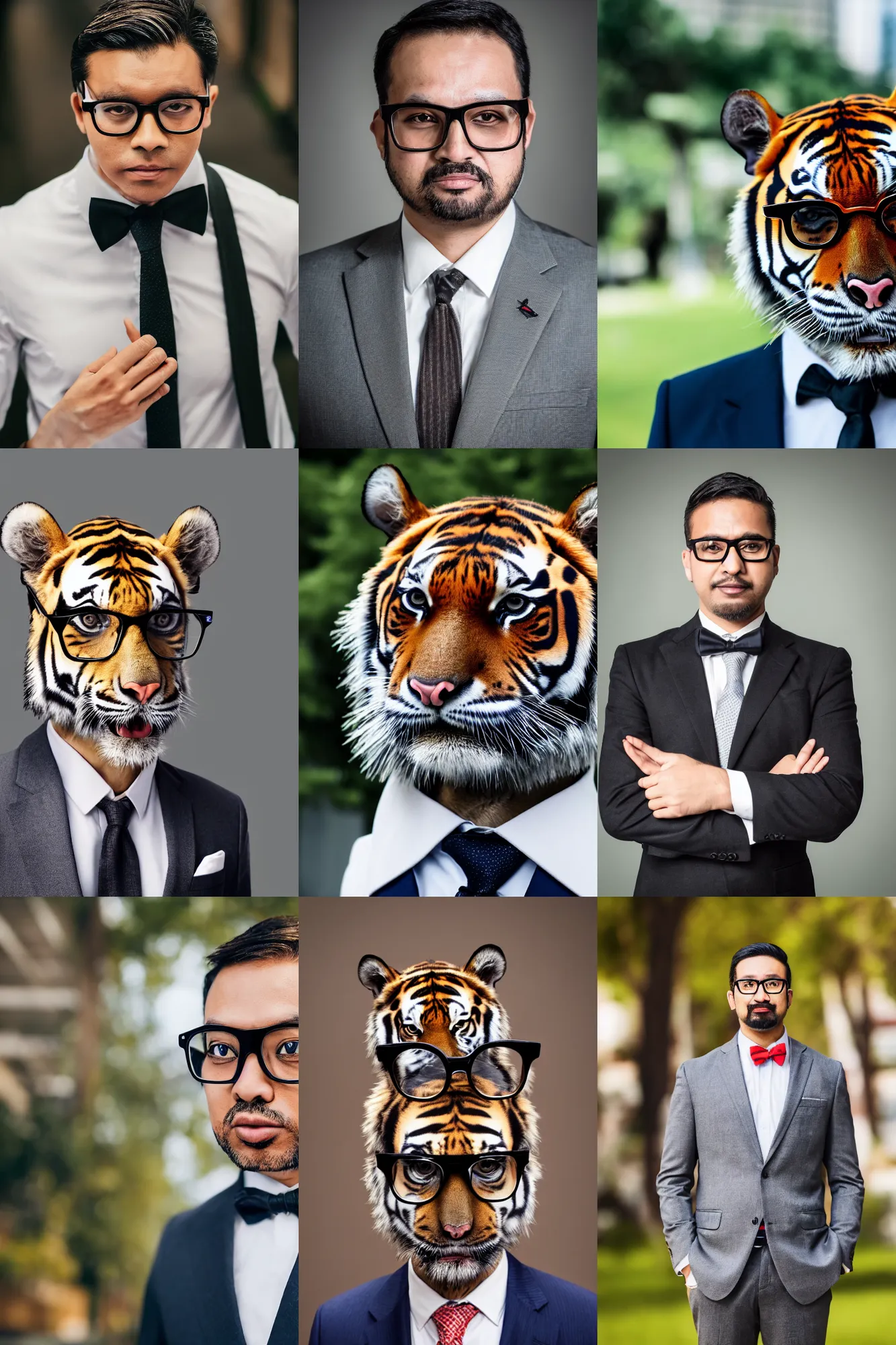 Prompt: high quality portrait photo of an businessman tiger dressed in a dark suit and tie, wearing glasses, Anthropomorphic, photography 4k, f1.8 bokeh, 4k, 85mm lens, sharp eyes, looking at camera