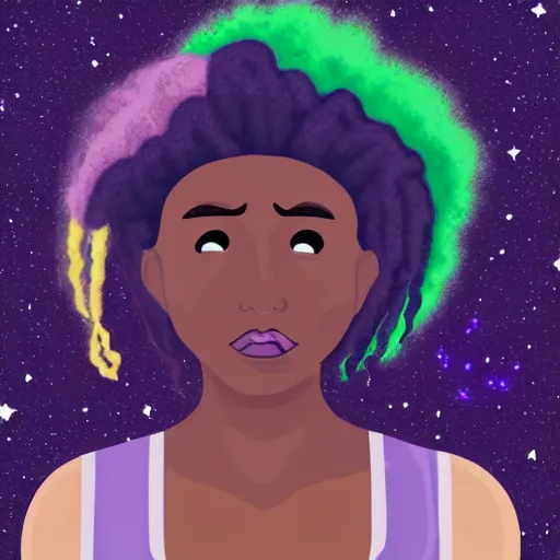 Prompt: black nonbinary person with purple dreads in space