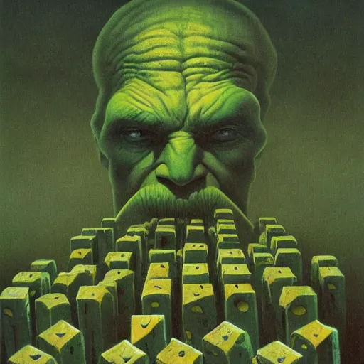 Image similar to Portrait of Angry Green Man surrounded by blocks of Swiss cheese, dark fantasy, artstation, painted by Zdzisław Beksiński and Wayne Barlowe