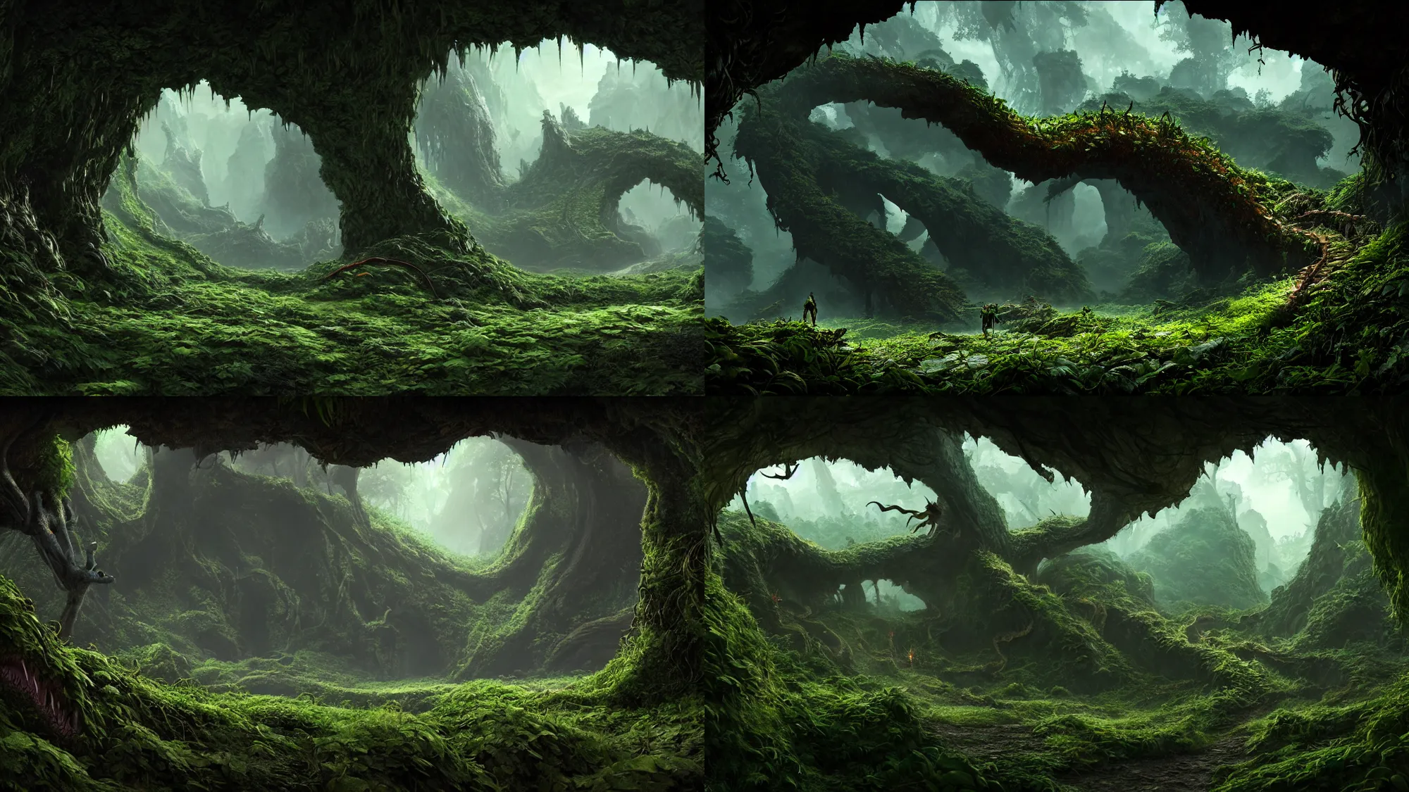 Prompt: dragon, an overgrown forest, ,vine-covered cave entrance in shadow, Ironshod, in Peter Elson color scheme, featured in artstation, octane render, cinematic, elegant, intricate, 8k