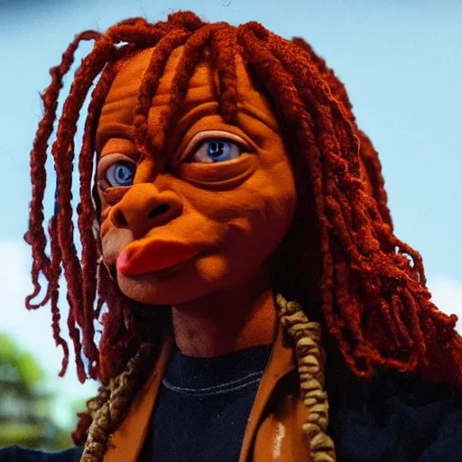 Image similar to a cinematic photograph still of trippie redd made out of clay, in claymation