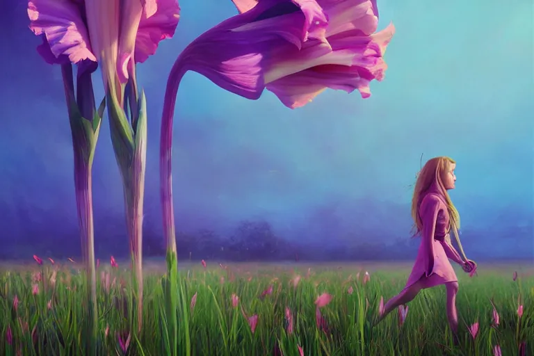 Image similar to giant gladiola head, girl walking in field of flowers, surreal photography, sunrise, blue sky, dramatic light, impressionist painting, digital painting, artstation, simon stalenhag