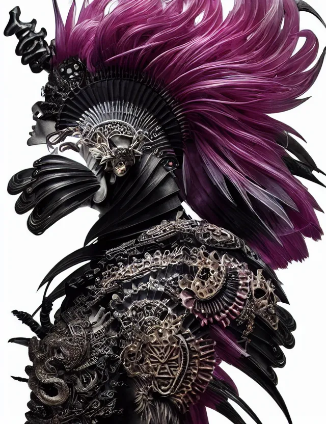 Image similar to 3 d coherent goddess close - up profile portrait punk with mohawk with ram skull. beautiful intricately detailed japanese crow kitsune mask and clasical japanese kimono. betta fish, jellyfish phoenix, bio luminescent, plasma, ice, water, wind, creature, artwork by tooth wu and wlop and beeple and greg rutkowski