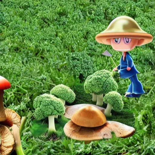 Prompt: a mushroom and a broccolli having a duel