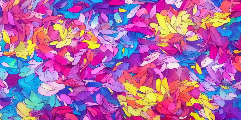 Image similar to background art of spaciously scattered multi colored flower petals flowing through the air from left to right on a clean background, anime, artgerm, manga, trending on artstation, art nouveau, large and medium petals