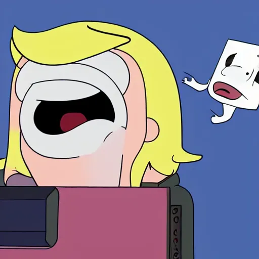 Prompt: a person with bloodshot eyes and tongue out staring at the computer with despondence, adventure time style