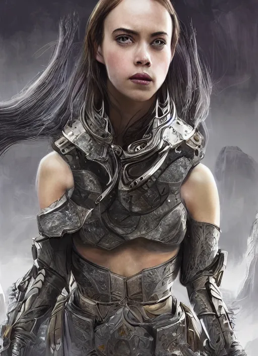 Image similar to a professional portrait of a beautiful young female, clothed in ethereal battle armor, olive skin, long dark hair, beautiful bone structure, symmetrical facial features, intricate, elegant, digital painting, concept art, smooth, sharp focus, finely detailed, illustration, from Valerian and the City of a Thousand Planets, in the style of Doug Chiang