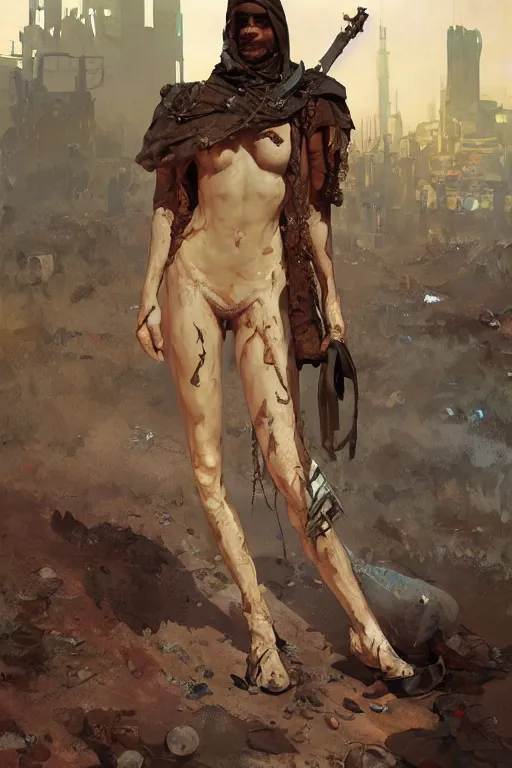 Image similar to a full body portrait of a beautiful post apocalyptic offworld butchers district bedouin blind pulp fiction scarlet wild rogue barbarian leper begging by the roadside, intricate, elegant, highly detailed, digital painting, artstation, concept art, smooth, sharp focus, illustration, art by krenz cushart and artem demura and alphonse mucha