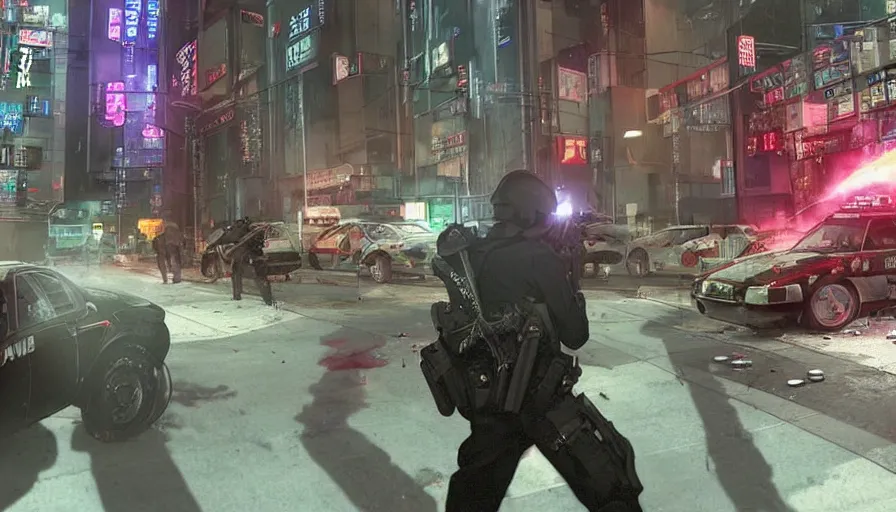 Prompt: 1998 video game Deathcam footage, Anime Neo-tokyo Cyborg bank robbers vs police, Set in Cyberpunk Bank Lobby, Multiplayer set-piece :9, Police officers under heavy fire, Police Calling for back up, Bullet Holes and Blood Splatter, :6 Smoke Grenades, Riot Shields, Large Caliber Sniper Fire, Chaos, Anime Cyberpunk, Anime Bullet VFX, Machine Gun Fire, Violent Gun Action, Shootout, Escape From Tarkov, Intruder, Payday 2, 8k :4 by Katsuhiro Otomo: 9