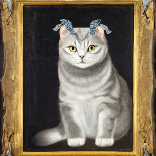 Image similar to a renaissance style portrait painting of a grey scottish fold cat, wearing a crown and cape, dark background