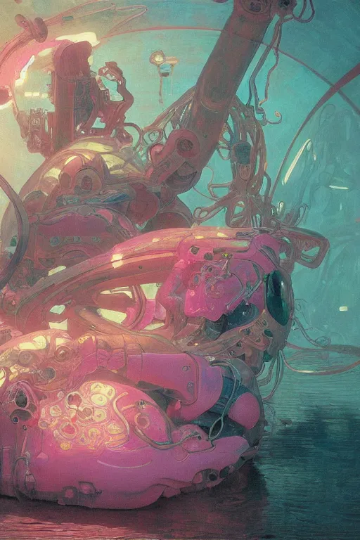 Image similar to interior of a digesting Stomach filled with glowing pink water, Cross section, Claustrophobic, seapunk Mecha , vaporwave , digital art, artstation, by WLOP, Ilya repin, alphonse mucha., Very highly detailed 8K, octane, Digital painting, the golden ratio,