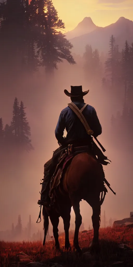 Image similar to the lonely cowboy, red dead redemption 2, extremely detailed digital painting, in the style of fenghua zhong and ruan jia and jeremy lipking and peter mohrbacher, mystical colors, rim light, beautiful lighting, 8 k, stunning scene, raytracing, octane, trending on artstation