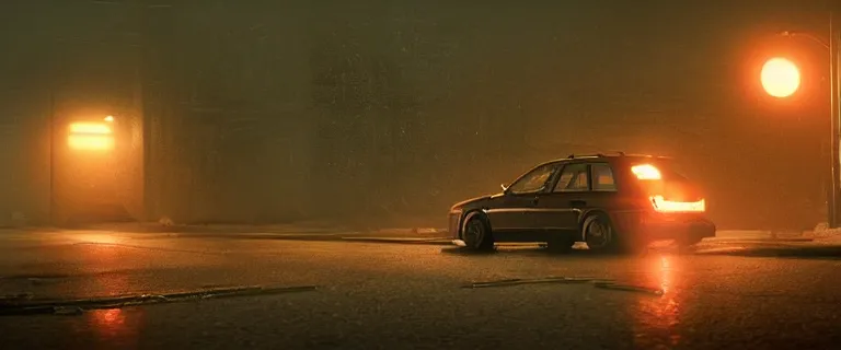 Image similar to Audi A4 B6 Avant (2002), a gritty neo-noir, dramatic lighting, cinematic, eerie person, death, homicide, homicide in the snow, gunshots, establishing shot, extremely high detail, photorealistic, red fog, chaos, arson, burning city, cinematic lighting, artstation, by simon stalenhag, Max Payne (PC) (2001) winter New York at night, In the style of Max Payne 1 graphic novel, flashing lights, Poets of the Fall - Late Goodbye