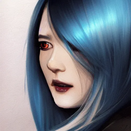 Image similar to profile shot of rimuru tempest, sky blue, straight hair, long bangs, amber eyes, wearing a black jacket with white stripes, high collar, highly detailed, unreal engine 5, digital painting, cinematic, wlop | artgerm, pixiv, yoshitaka amano, greg rutkowski, ilya kuvshinov, andy warhol