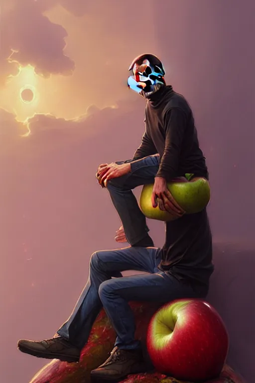 Image similar to ultra realistic illustration, steve jobs sitting on a giant apple, sci - fi, fantasy, intricate, elegant, highly detailed, digital painting, artstation, concept art, smooth, sharp focus, illustration, art by artgerm and greg rutkowski and alphonse mucha