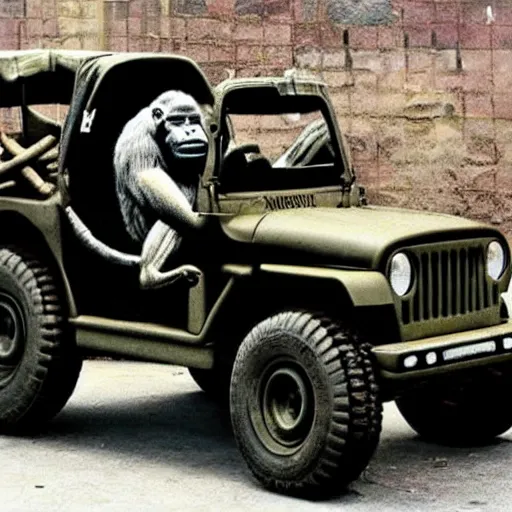 Image similar to gorilla driving a jeep made by banksy