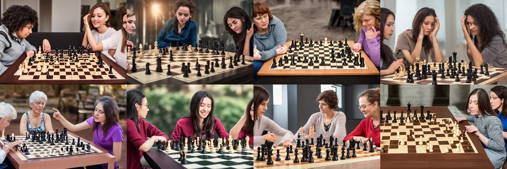 Prompt: two women playing chess. highly detailed. 8k. wide shot. photography