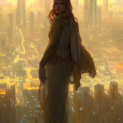 Prompt: a golden android stands alone in a vast city, fog, volumetric lighting, intricate, elegant, highly detailed, digital painting, artstation, concept art, smooth, sharp focus, art nouveau, art by artgerm and greg rutkowski and alphonse mucha