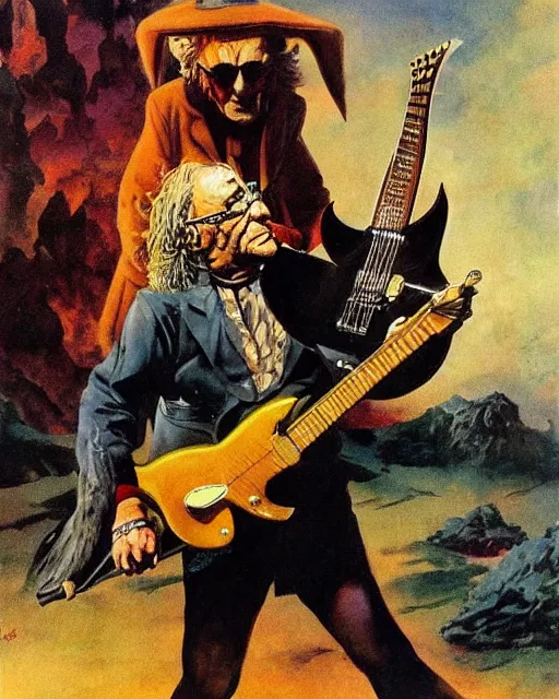Prompt: Hans Moleman shredding on a Gibson Flying V, guitar solo, heavy metal artwork by Frank Frazetta