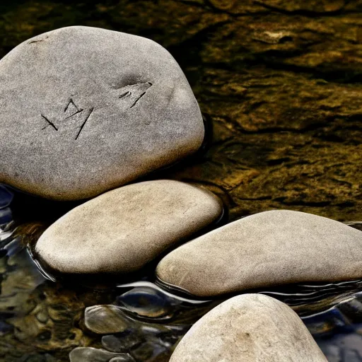 Prompt: detailed carving hunger stones in a river, photographic journalism, realistic, european river, ancient writing