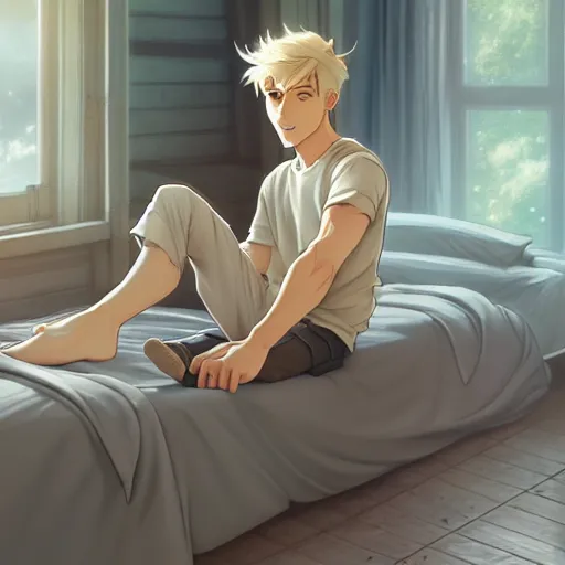 Image similar to young man with short, ash blond greyish hair, light brown eyes, casual clothes, hanging out on a bed, path traced, highly detailed, high quality, digital painting, by don bluth and ross tran and studio ghibli and alphonse mucha, sylvain sarrailh