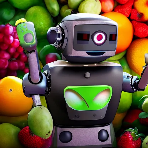 Image similar to a robot made entirely out of fruits, being chased by a vicious fruit - bat detailed, 8 k, trending on artstation, award - winning art,
