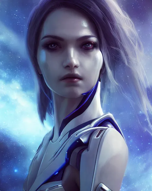 Image similar to perfect android girl on a mothership, warframe armor, beautiful face, scifi, futuristic, galaxy, nebula, raytracing, dreamy, long white hair, blue cyborg eyes, sharp focus, cinematic lighting, highly detailed, artstation, divine, by gauthier leblanc, kazuya takahashi, huifeng huang