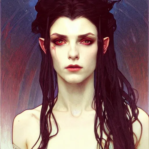 Image similar to Portrait of a pretty half-elf half-vampire young woman. Her hair has black strands and white strands. Red irises and vertical pupils. Art by Greg Rutkowski and Alphonse Mucha