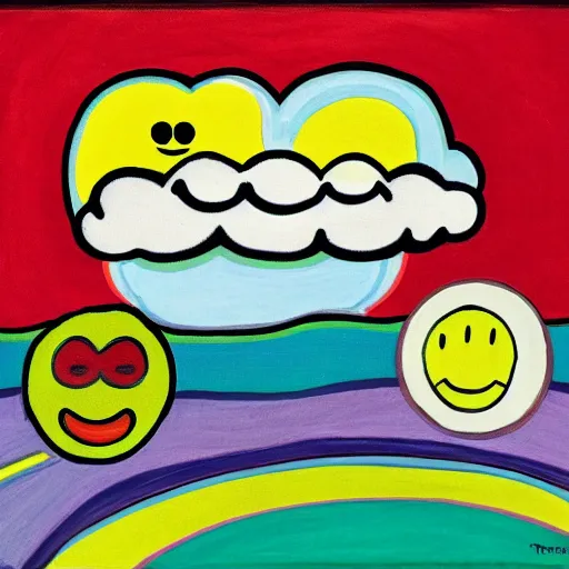 Image similar to clouds with rainbow colors, smiley faces, Edvard Munch, David Hockney, Takashi Murakami, Minimalist,